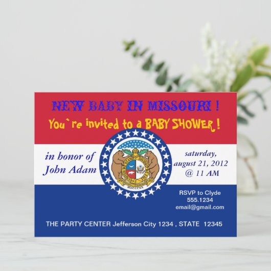 Baby shower uitnodiging met vlag van Missouri (Staand voorkant)