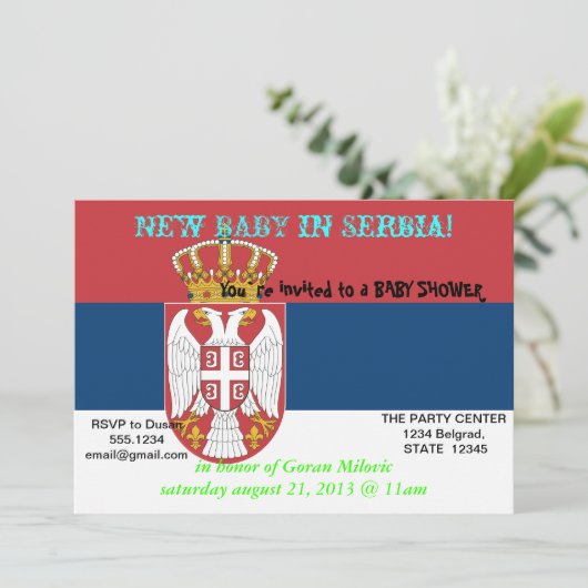 Baby shower Uitnodiging met vlag van Servië (Staand voorkant)