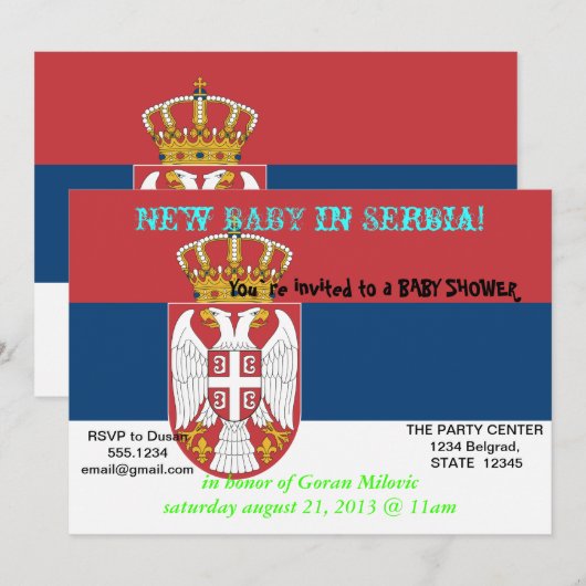 Baby shower Uitnodiging met vlag van Servië (Voorkant / Achterkant)