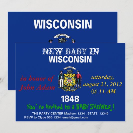 Baby shower Uitnodiging met vlag van Wisconsin (Voorkant / Achterkant)