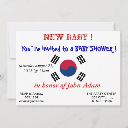 Baby shower Uitnodiging met vlag van Zuid-Korea (Voorkant)