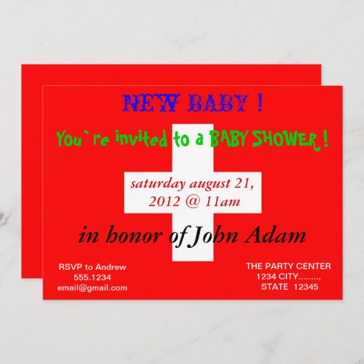 Baby shower Uitnodiging met vlag van Zwitserland (Voorkant / Achterkant)