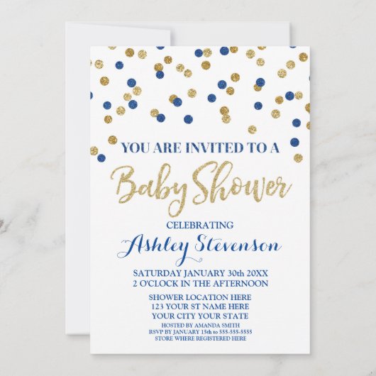 Baby shower Uitnodiging Navy Blue Gold Confetti (Achterkant)