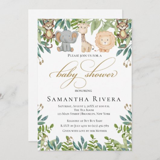 Baby shower Uitnodiging, Oerwoud Safari Baby showe Kaart (Voorkant / Achterkant)