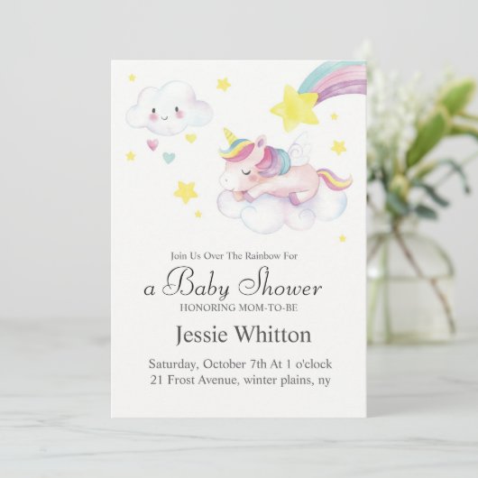 Baby shower Uitnodiging Ontwerp met Eenhoorn Thema (Staand voorkant)
