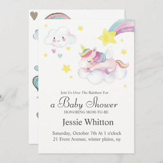 Baby shower Uitnodiging Ontwerp met Eenhoorn Thema (Voorkant / Achterkant)