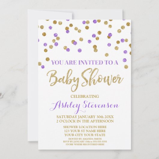 Baby shower Uitnodiging Paarse Gouden Confetti (Achterkant)