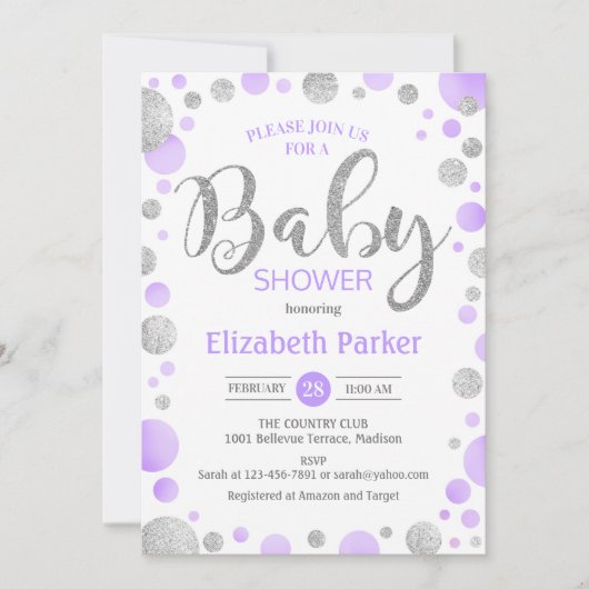 Baby shower Uitnodiging - Paarse Zilveren Stippen (Voorkant)