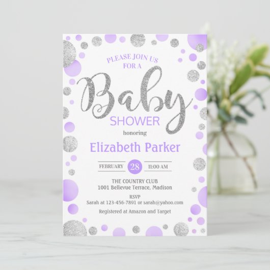 Baby shower Uitnodiging - Paarse Zilveren Stippen (Staand voorkant)