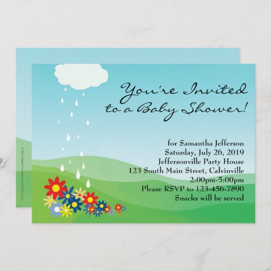 Baby shower Uitnodiging, Primaire Bloemen en Regen Kaart (Voorkant / Achterkant)