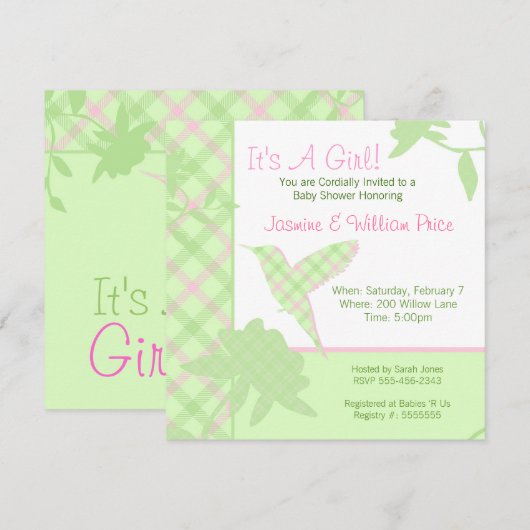 baby shower Uitnodiging Pset Hummingbird Pink & Gr (Voorkant / Achterkant)