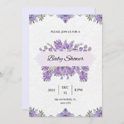 baby shower Uitnodiging Puplebloemen (Voorkant / Achterkant)