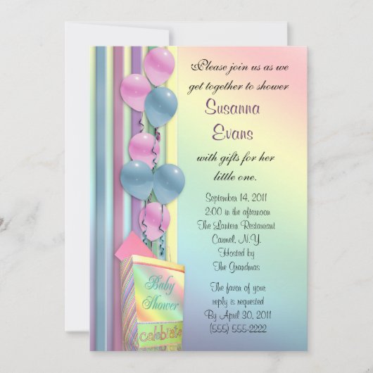 Baby shower uitnodiging regenboog kleuren ballonne (Voorkant)