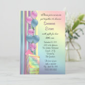 Baby shower uitnodiging regenboog kleuren ballonne (Staand voorkant)