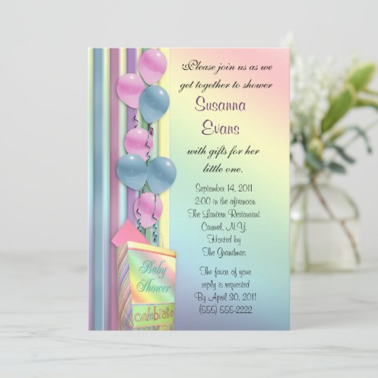 Baby shower uitnodiging regenboog kleuren ballonne (Staand voorkant)