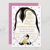 Baby shower Uitnodiging Roze Baby & Mama Pinguïns (Voorkant / Achterkant)