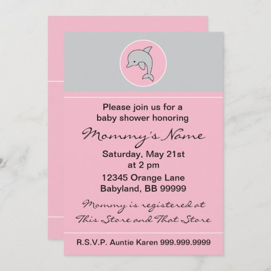 Baby shower Uitnodiging. Roze Dolfijn. 5 x 7 inch Kaart (Voorkant / Achterkant)