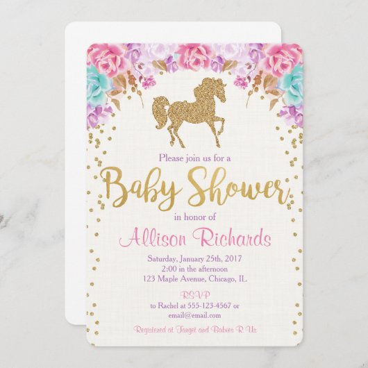 Baby shower uitnodiging roze en goud (Voorkant / Achterkant)