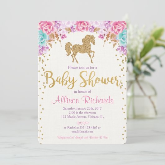 Baby shower uitnodiging roze en goud (Staand voorkant)