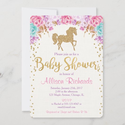 Baby shower uitnodiging roze en goud (Voorkant)