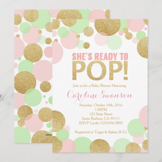 baby shower Uitnodiging Roze Gold Mint Polka Dots (Voorkant / Achterkant)