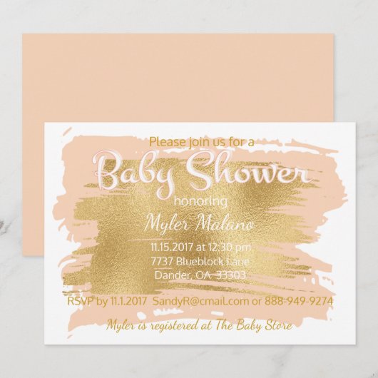 Baby shower Uitnodiging Roze/Goud (Voorkant / Achterkant)