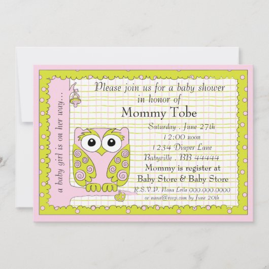 Baby shower Uitnodiging Roze Groene Owl (Voorkant)