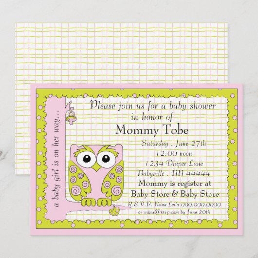 Baby shower Uitnodiging Roze Groene Owl (Voorkant / Achterkant)