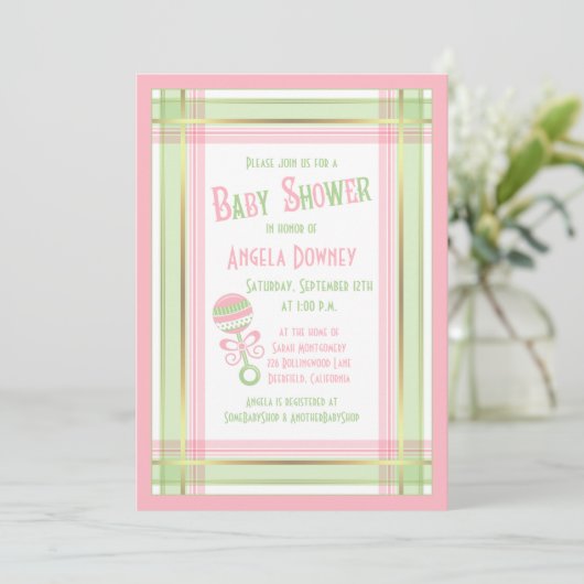 Baby shower Uitnodiging Roze Groene Pset Rattle (Staand voorkant)