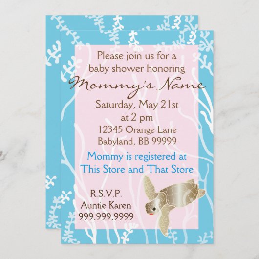 Baby shower Uitnodiging Roze/Turquoise Schildpad (Voorkant / Achterkant)