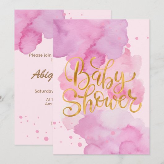 Baby shower Uitnodiging, Roze Waterverf voor een M Kaart (Voorkant / Achterkant)