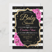 Baby shower Uitnodiging Roze Zwart Wit Strepen (Voorkant)