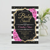 Baby shower Uitnodiging Roze Zwart Wit Strepen (Staand voorkant)