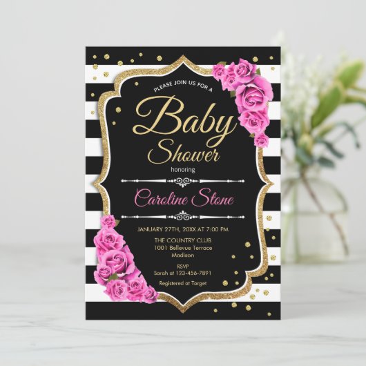 Baby shower Uitnodiging Roze Zwart Wit Strepen (Staand voorkant)