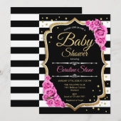 Baby shower Uitnodiging Roze Zwart Wit Strepen (Voorkant / Achterkant)