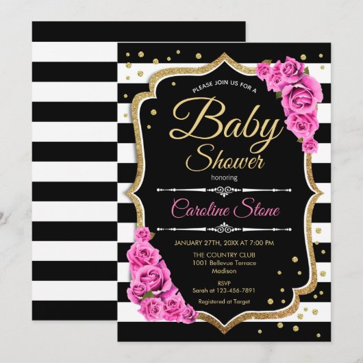 Baby shower Uitnodiging Roze Zwart Wit Strepen (Voorkant / Achterkant)
