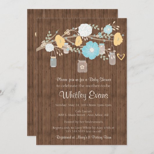 Baby shower-uitnodiging, rustige floral mason-pot kaart (Voorkant / Achterkant)