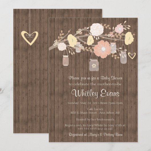 Baby shower-uitnodiging, rustige floral mason-pot kaart (Voorkant / Achterkant)