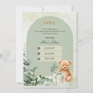 Baby Shower Uitnodiging| Salie Groene Teddybeer Ba Kaart