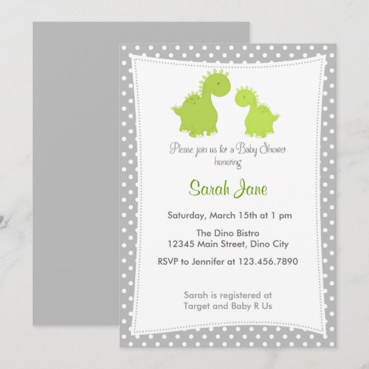 Baby shower Uitnodiging Schattigee Dinosaurus Grij (Voorkant / Achterkant)