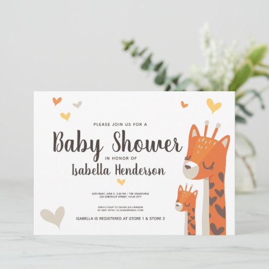 Baby shower Uitnodiging Schattigee Giraffe Oerwoud (Staand voorkant)