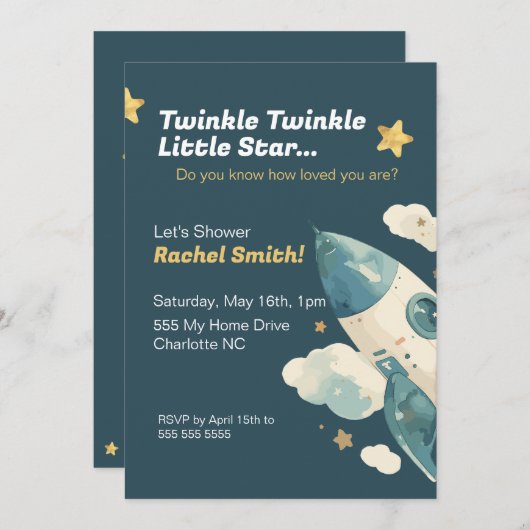 Baby shower Uitnodiging Sterren en Ruimte Thema (Voorkant / Achterkant)