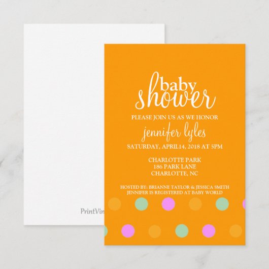 baby shower Uitnodiging - Stippen II - oranje (Voorkant / Achterkant)