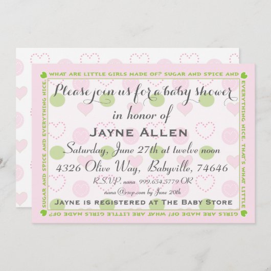 Baby shower Uitnodiging "Sugar and Spice" (Voorkant / Achterkant)