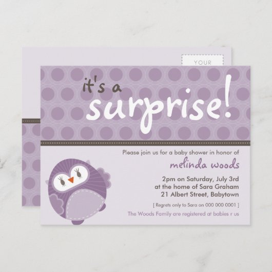 BABY SHOWER UITNODIGING:: surprise uil 1 Uitnodiging Briefkaart (Voorkant / Achterkant)
