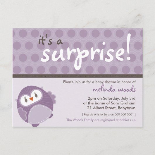BABY SHOWER UITNODIGING:: surprise uil 1 Uitnodiging Briefkaart (Voorkant)