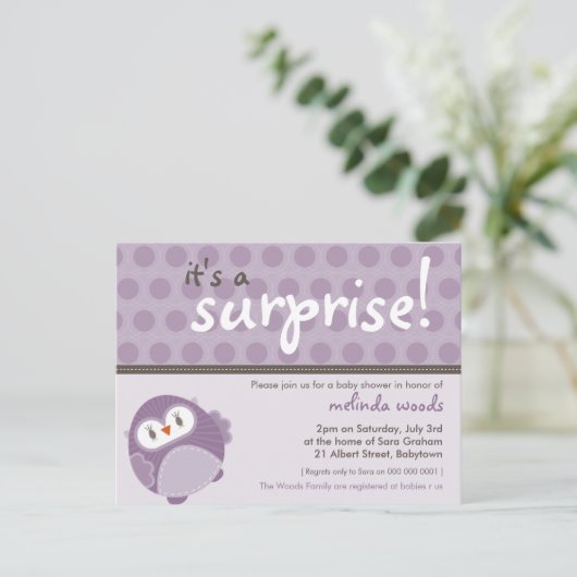 BABY SHOWER UITNODIGING:: surprise uil 1 Uitnodiging Briefkaart (Staand voorkant)