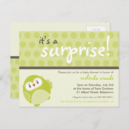BABY SHOWER UITNODIGING:: surprise uil 2 Uitnodiging Briefkaart (Voorkant / Achterkant)