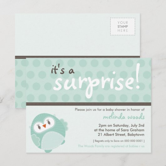 BABY SHOWER UITNODIGING:: surprise uil 3 Uitnodiging Briefkaart (Voorkant / Achterkant)