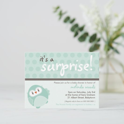BABY SHOWER UITNODIGING:: surprise uil 3 Uitnodiging Briefkaart (Staand voorkant)